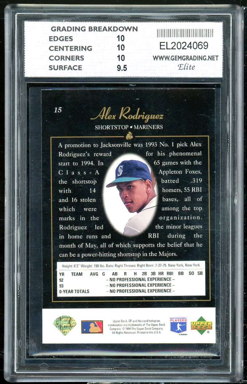 Alex Rordriguez Rookie Card 1994 SP #15 GEM ELITE 10 PRISTINE Image 2