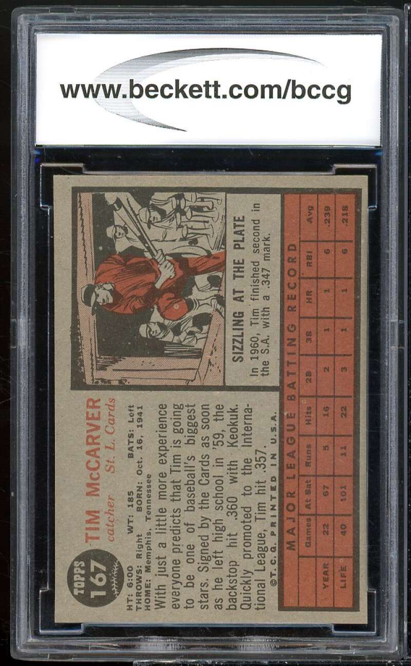 1962 Topps #167 Tim McCarver Rookie Card BCCG 9 Near Mint+ Image 2