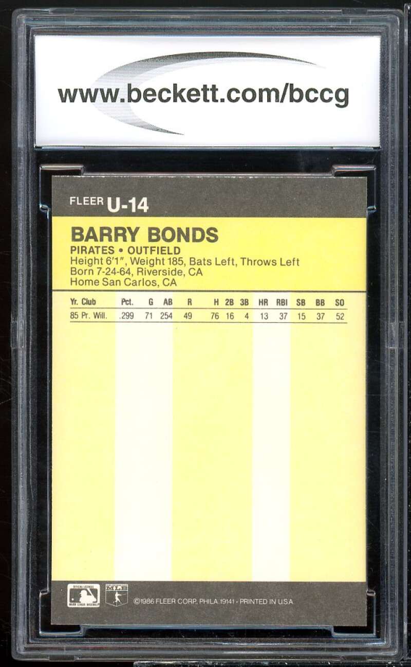 1986 Fleer Update #U-14 Barry Bonds Rookie Card BCCG 9 Near Mint+ Image 2