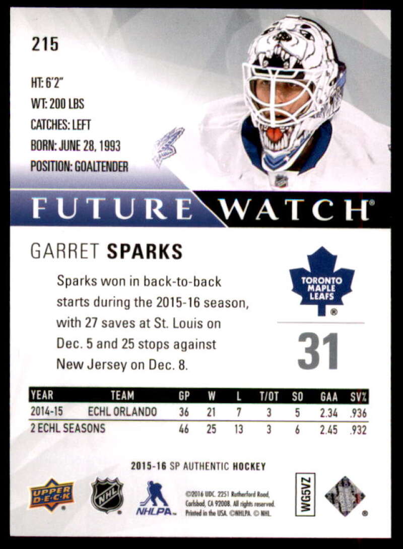 Garret Sparks RC Rookie Card 2015-16 SP Authentic #215  Image 2