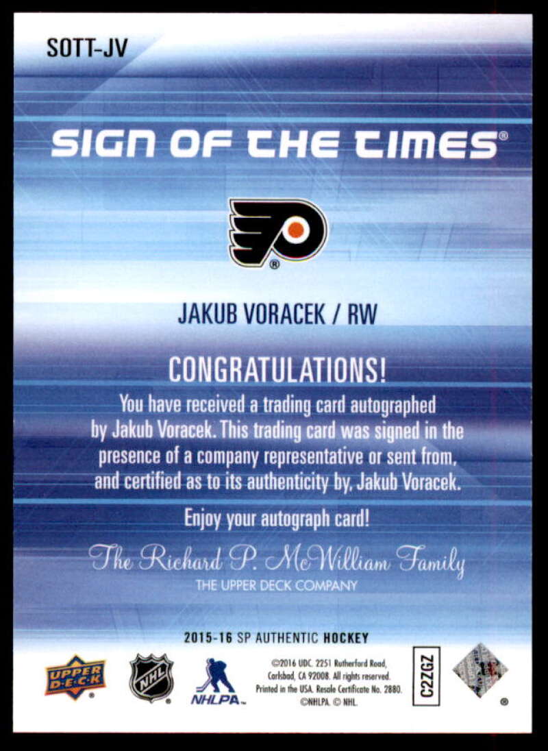 Jakub Voracek Card 2015-16 SP Authentic Sign of the Times #SOTTJV  Image 2