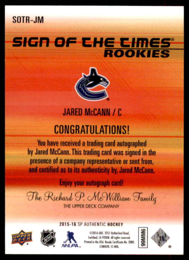 Jared McCann Card 2015-16 SP Authentic Sign of the Times Rookies #SOTRJM  Image 2