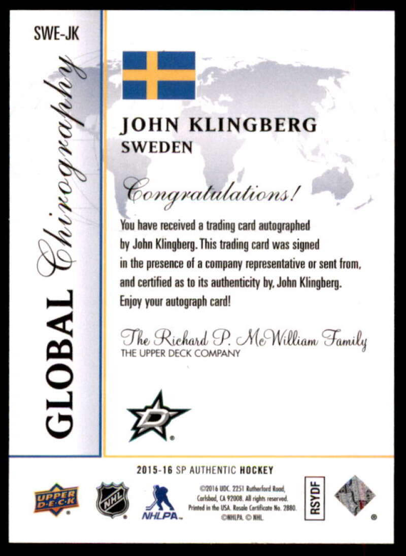 John Klingberg Card 2015-16 SP Authentic Global Chirography #SWEJK  Image 2