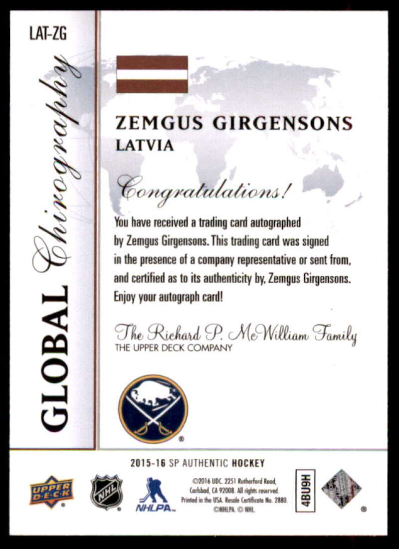 Zemgus Girgensons Card 2015-16 SP Authentic Global Chirography #LATZG  Image 2