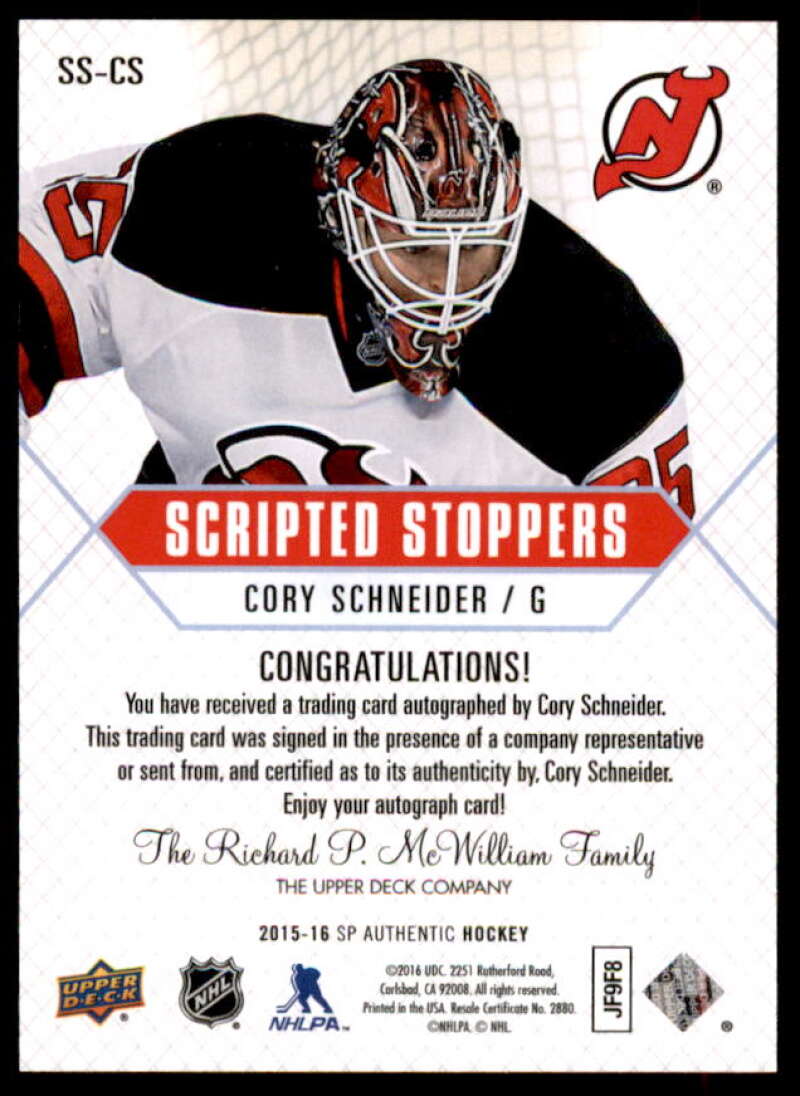 Cory Schneider Card 2015-16 SP Authentic Scripted Stoppers #SSCS  Image 2