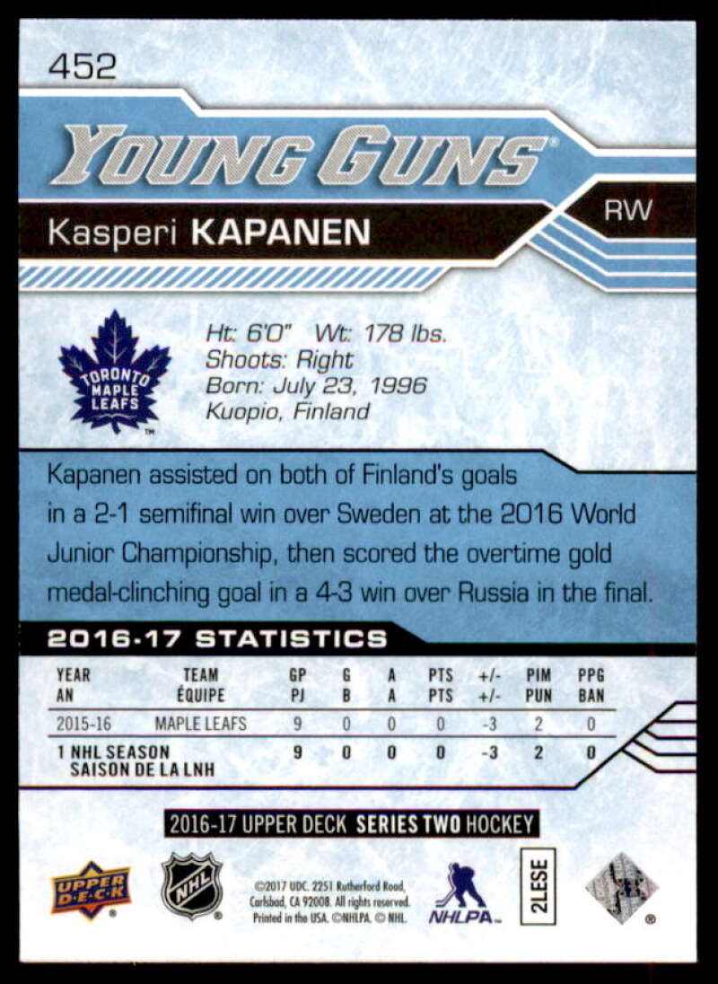 Kasperi Kapanen YG RC Rookie Card 2016-17 Upper Deck #452  Image 2