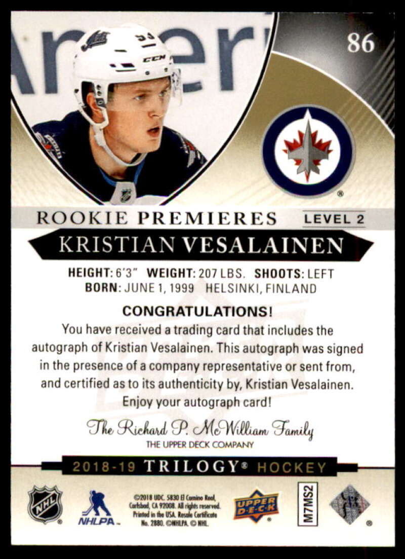 Kristian Vesalainen AU Rookie Card 2018-19 Upper Deck Trilogy #86  Image 2