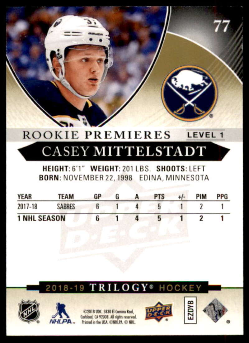 Casey Mittelstadt RC Rookie Card 2018-19 Upper Deck Trilogy #77  Image 2