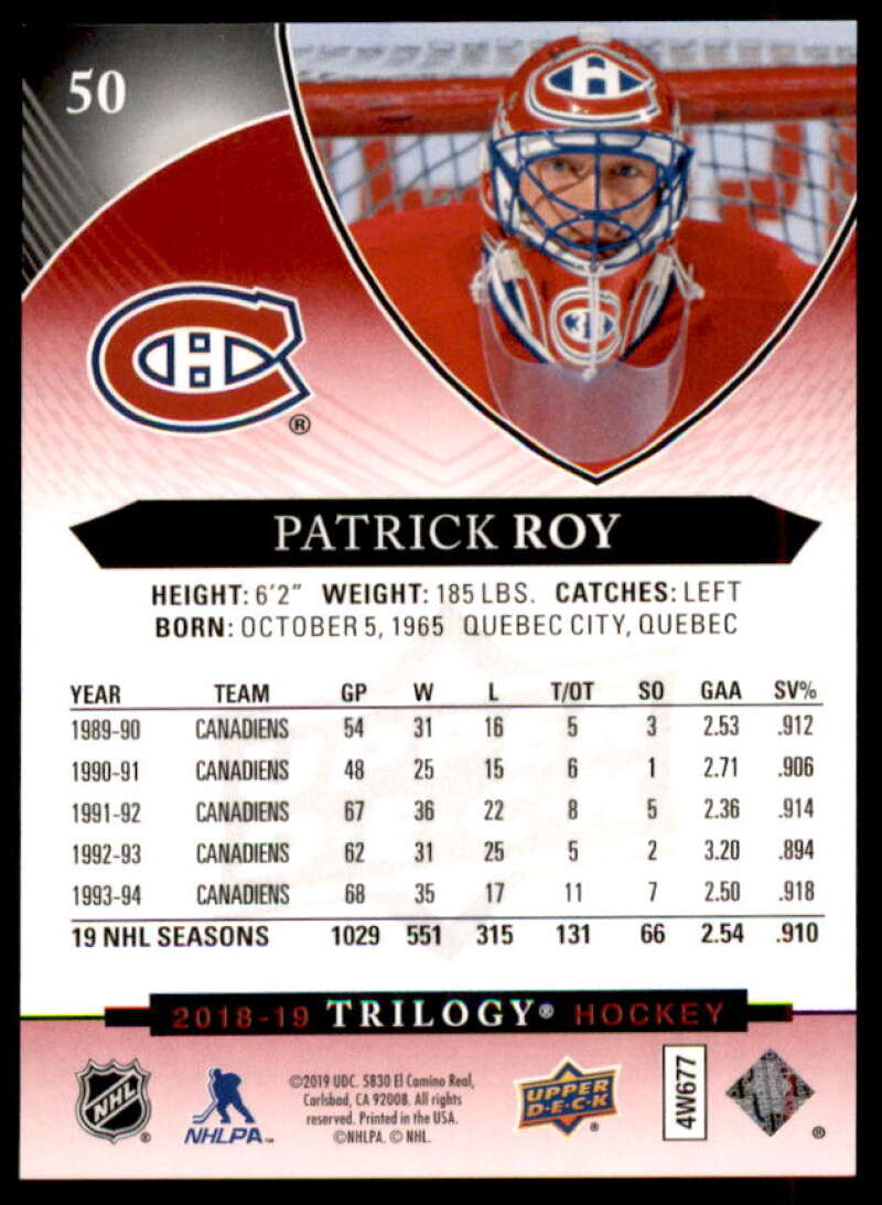 Patrick Roy Rookie Card 2018-19 Upper Deck Trilogy Red #50  Image 2