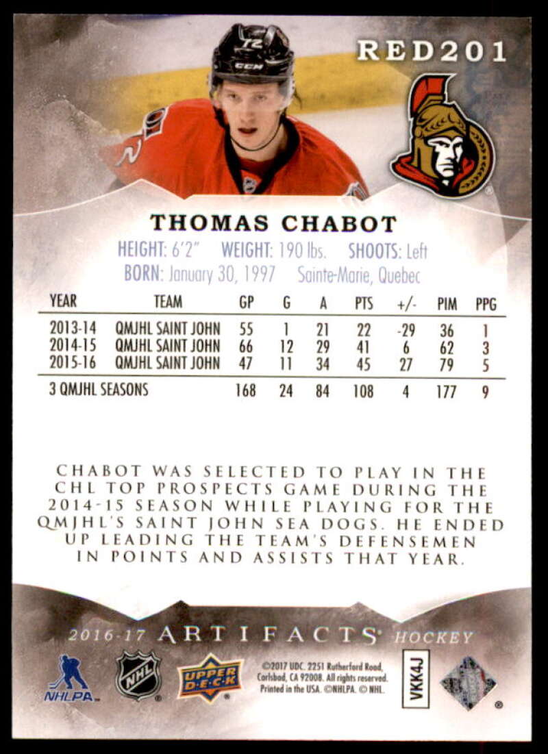 Thomas Chabot RC Rookie Card 2016-17 Artifacts #201  Image 2