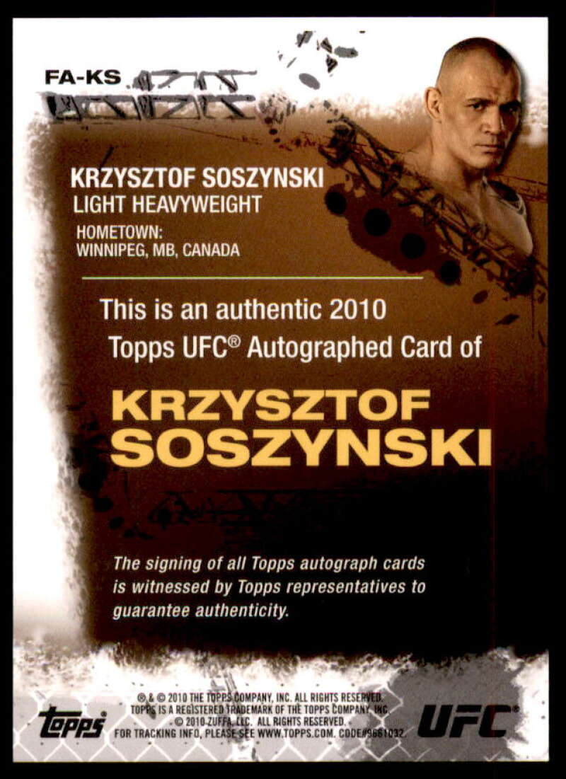 Krzysztof Soszynski Card 2010 Topps UFC Autographs #FAKS  Image 2