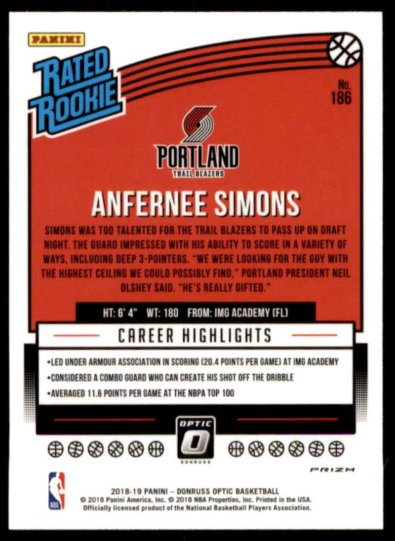 Anfernee Simons RR Rookie Card 2018-19 Donruss Optic Shock #186  Image 2