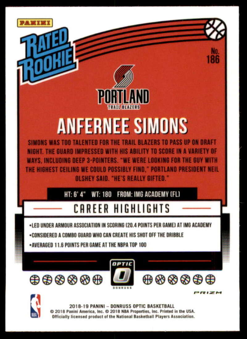 Anfernee Simons RR Rookie Card 2018-19 Donruss Optic Shock #186  Image 2