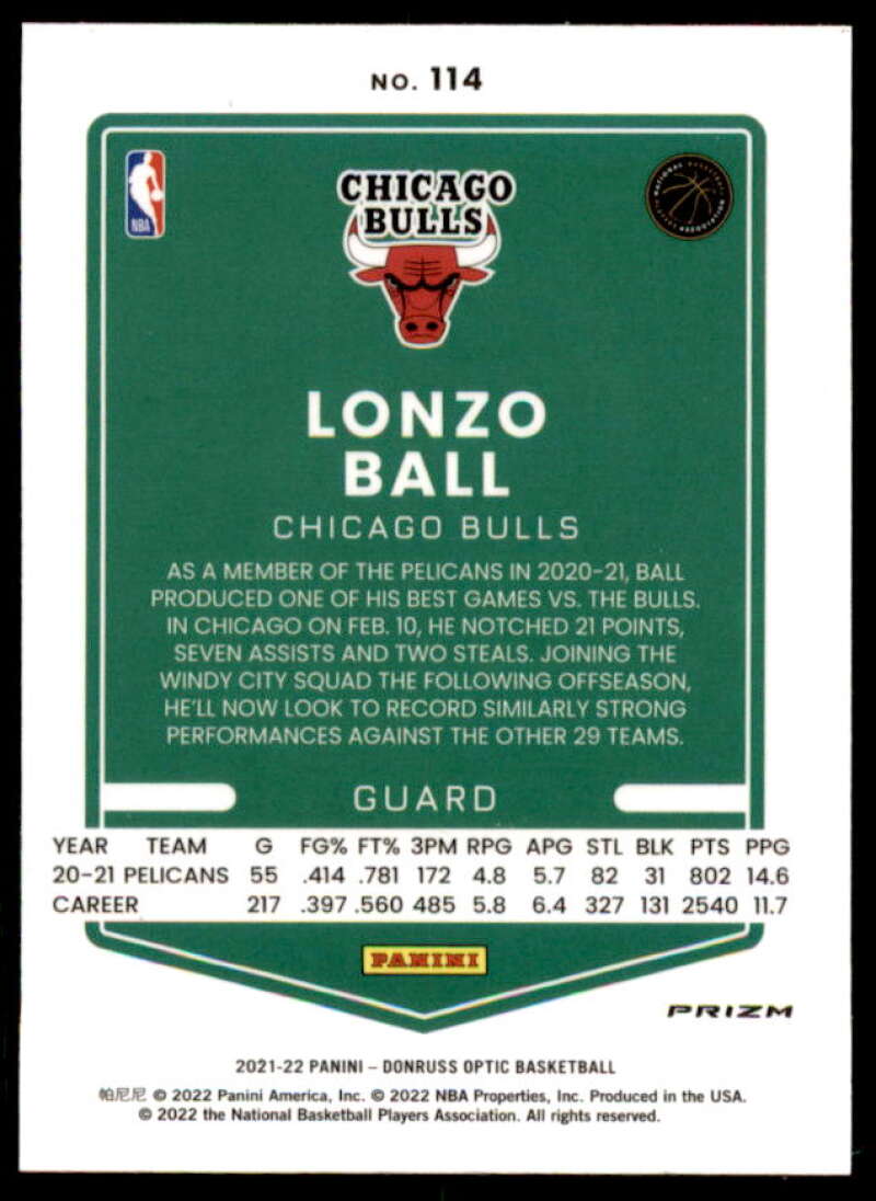 Lonzo Ball Card 2021-22 Donruss Optic White Sparkle #114  Image 2