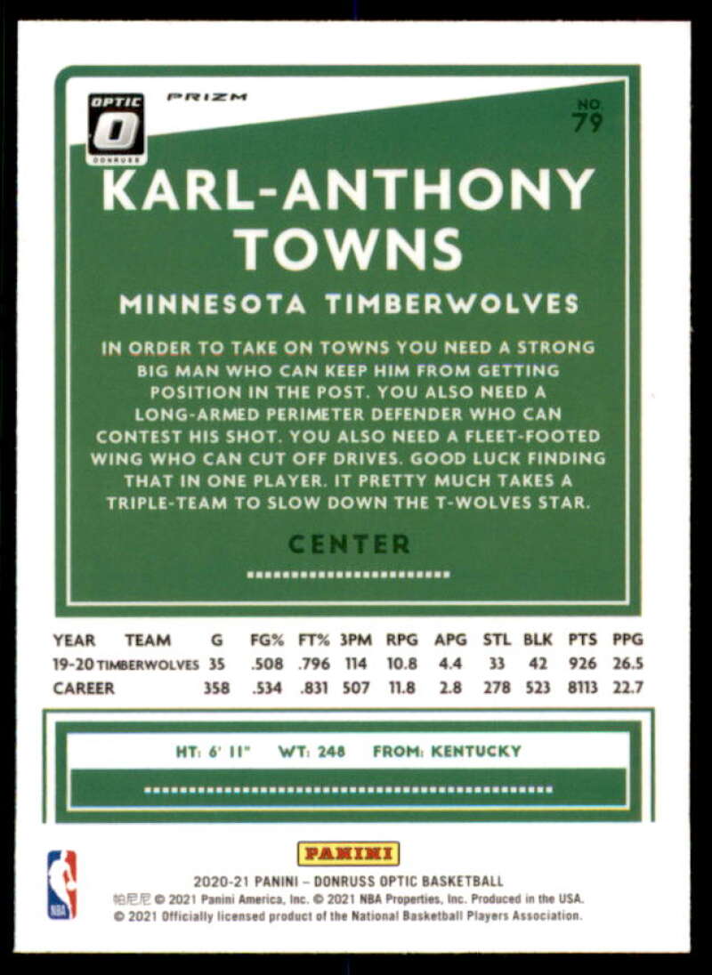 Karl-Anthony Towns Card 2020-21 Donruss Optic Fast Break Holo #79  Image 2