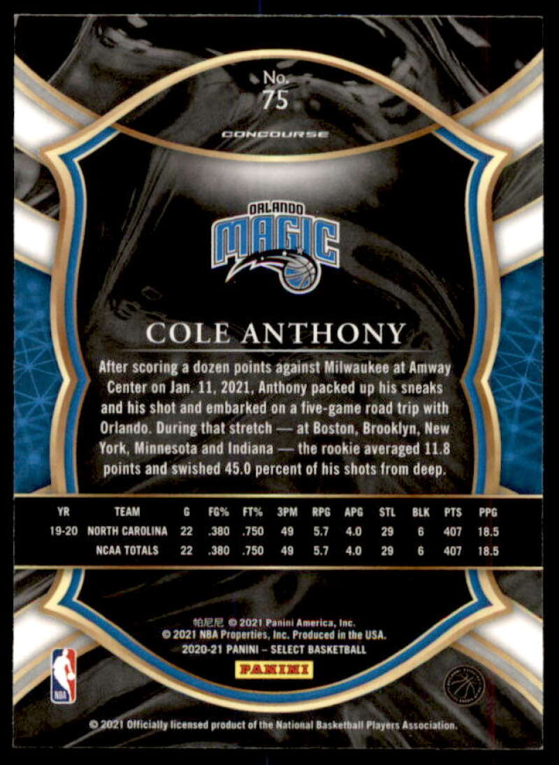 Cole Anthony Rookie Card 2020-21 Select Blue Retail #75  Image 2