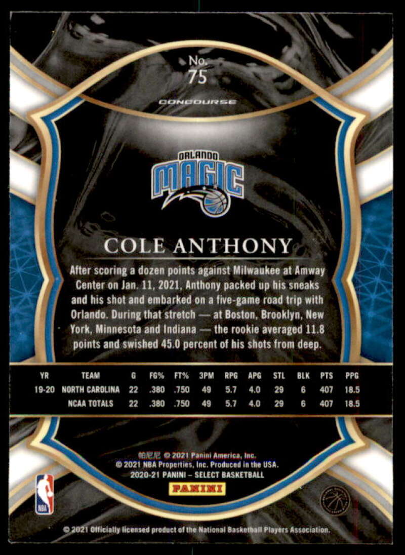 Cole Anthony Rookie Card 2020-21 Select Blue Retail #75  Image 2