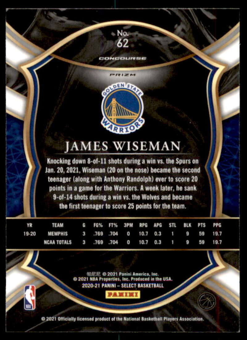 James Wiseman Rookie Card 2020-21 Select Prizms Silver #62  Image 2