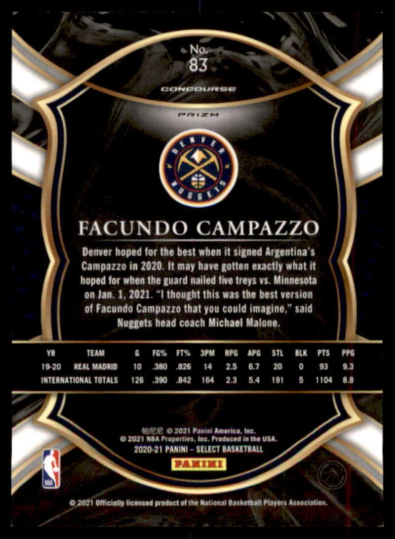 Facundo Campazzo Rookie Card 2020-21 Select Prizms Disco #83  Image 2