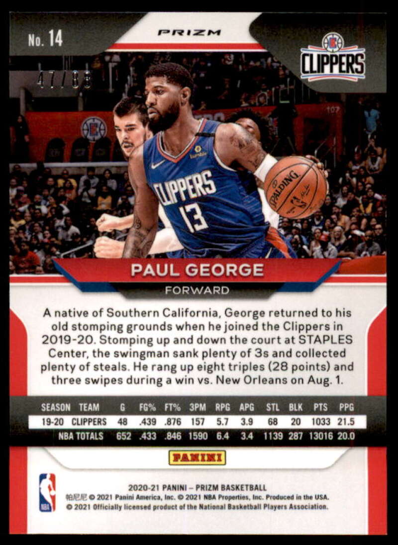 Paul George Card 2020-21 Panini Prizm Prizms Choice Red #14  Image 2