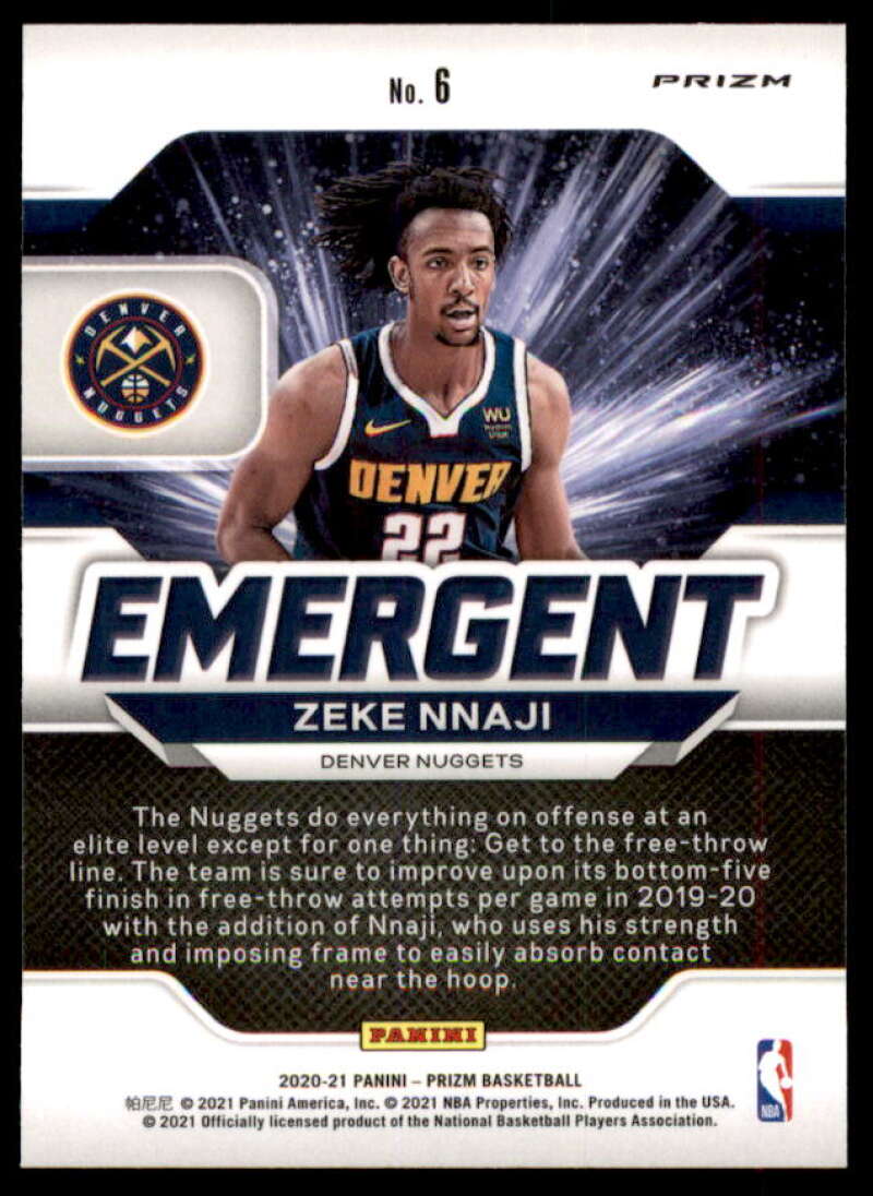 Zeke Nnaji Rookie Card 2020-21 Panini Prizm Emergent Prizms Green #6  Image 2