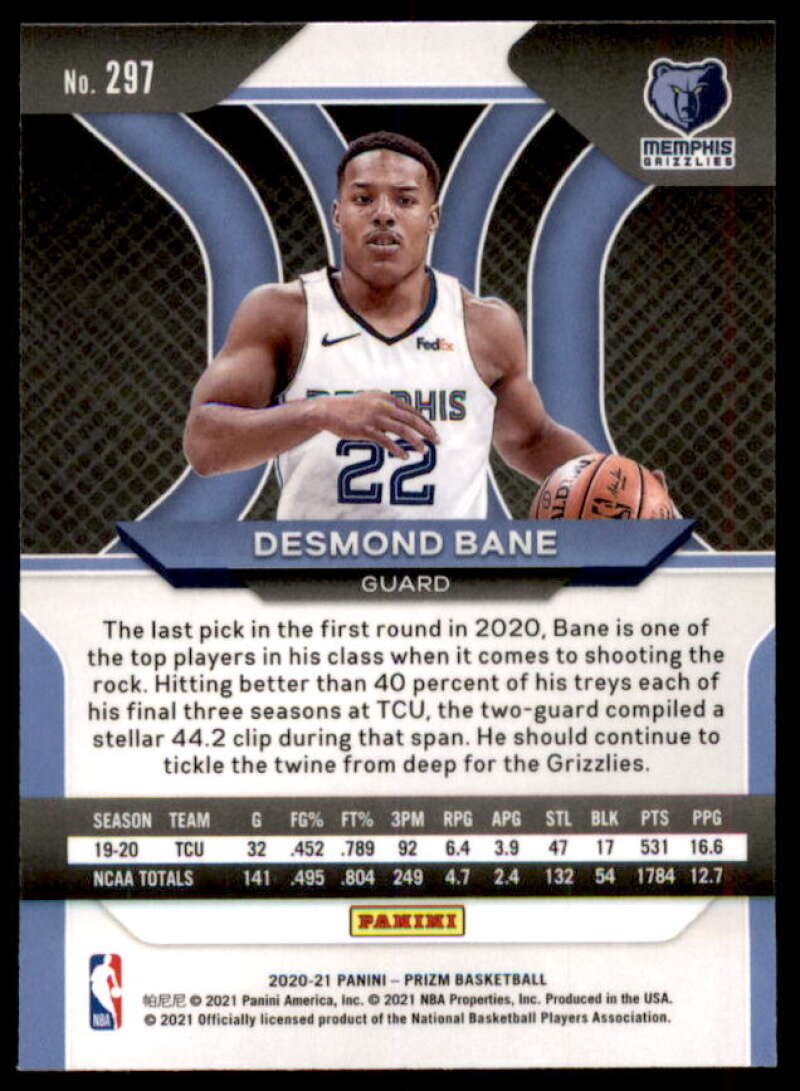 Desmond Bane RC Rookie Card 2020-21 Panini Prizm #297  Image 2