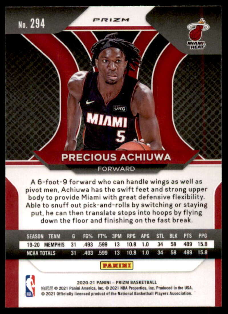 Precious Achiuwa Rookie Card 2020-21 Panini Prizm Prizms Ruby Wave #294  Image 2