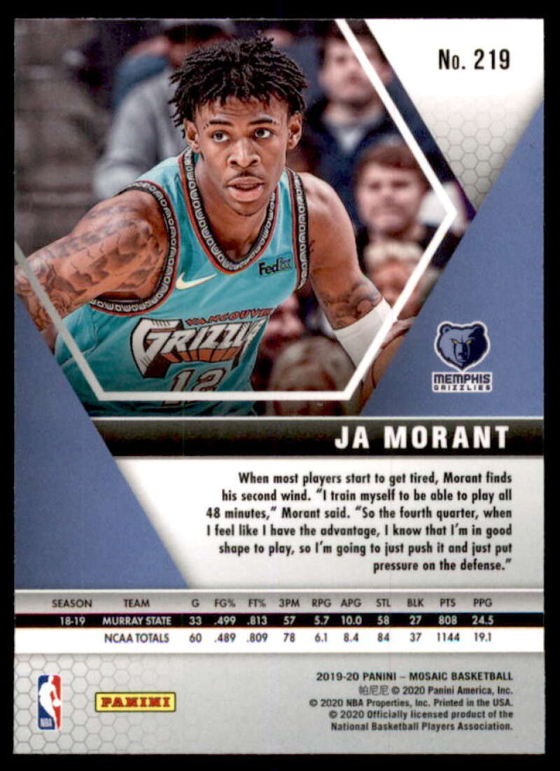 Ja Morant RC Rookie Card 2019-20 Panini Mosaic #219  Image 2