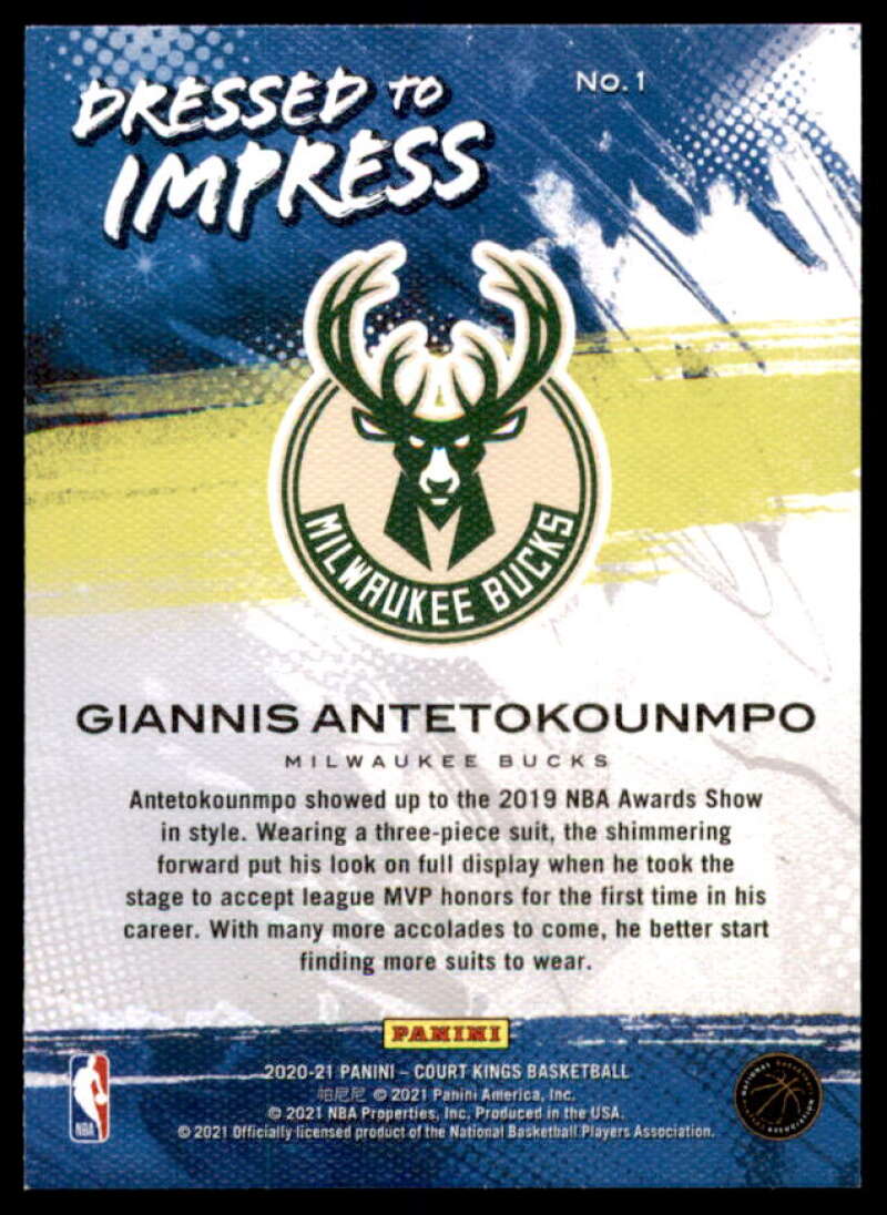 Giannis Antetokounmpo Card 2020-21 Court Kings Dressed to Impress #1  Image 2