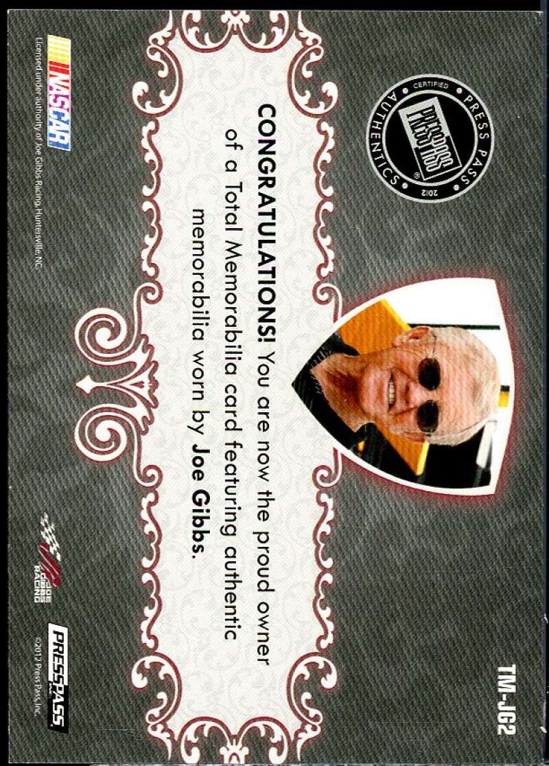 Joe Gibbs Card 2012 Total Memorabilia Single Swatch Silver #TMJG2  Image 2