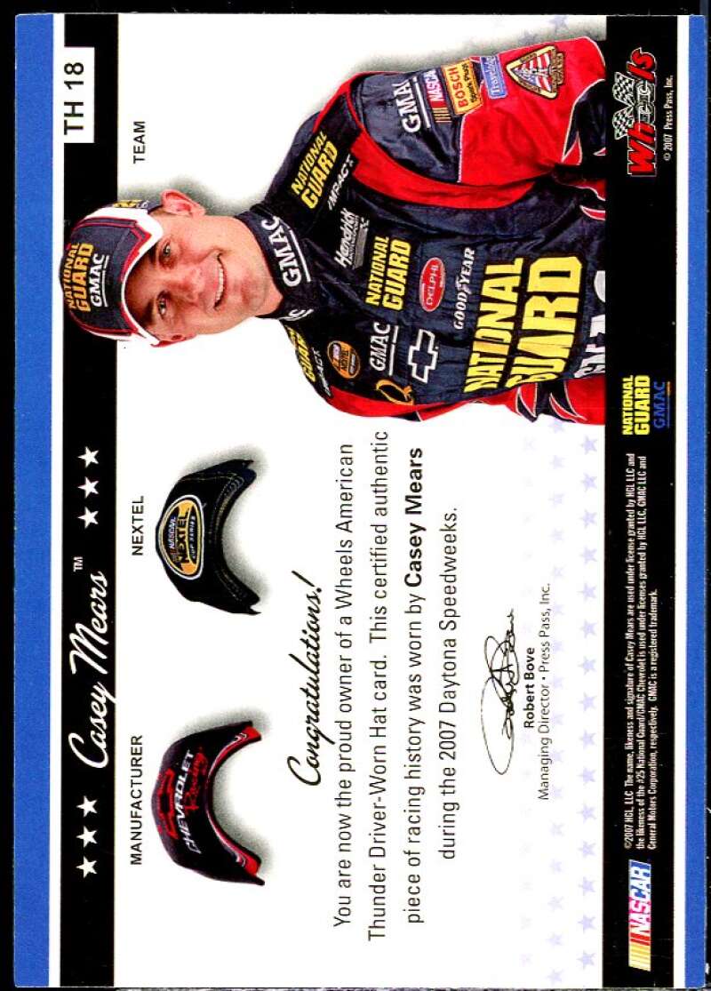 Casey Mears Card 2007 Wheels American Thunder Triple Hat #TH18  Image 2