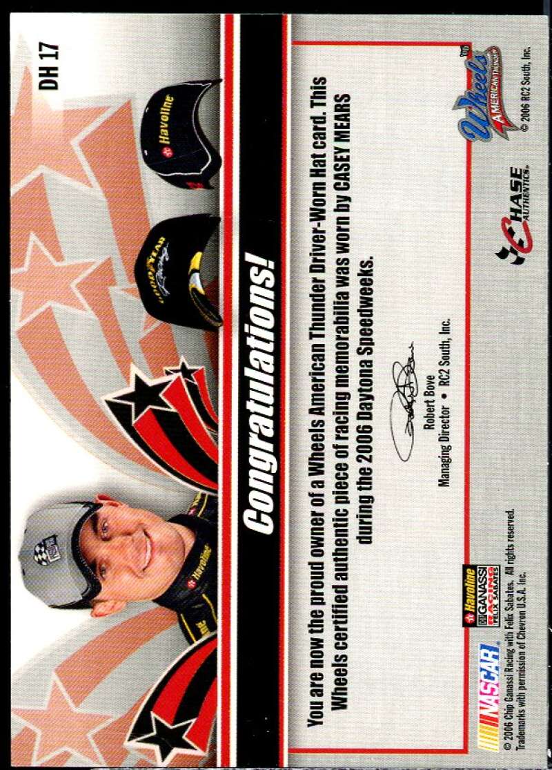 Casey Mears Card 2006 Wheels American Thunder Double Hat #DH17  Image 2