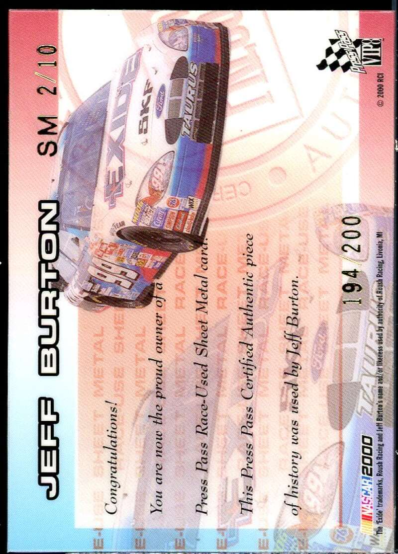 Jeff Burton Card 2000 VIP Sheet Metal #SM2  Image 2