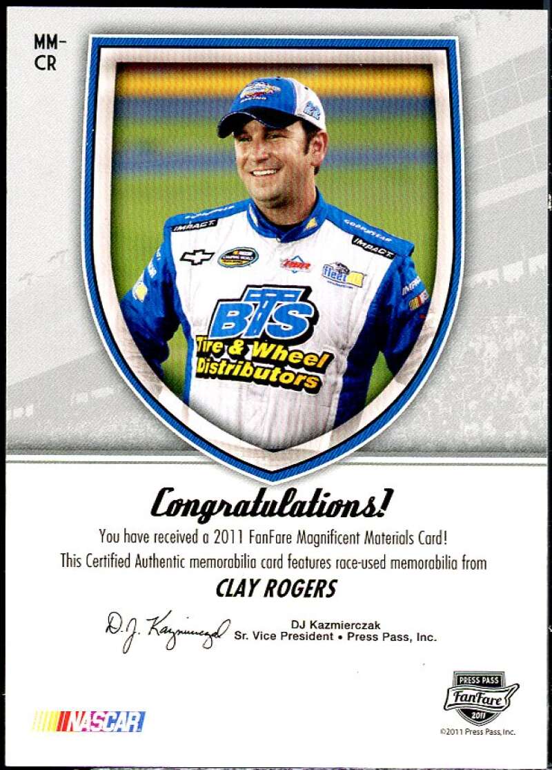 Clay Rogers Card 2011 Press Pass FanFare Magnificent Materials #MMCR  Image 2