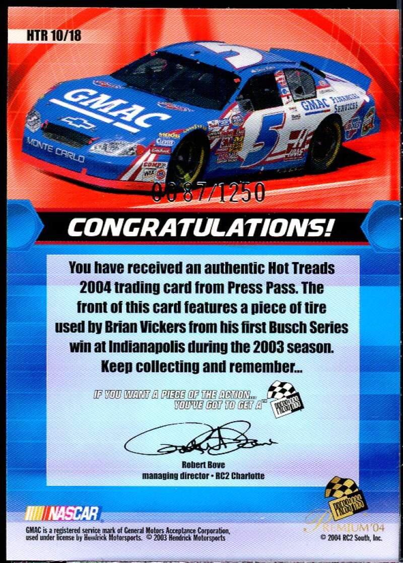 Brian Vickers Card 2004 Press Pass Hot Treads #HTR10  Image 2