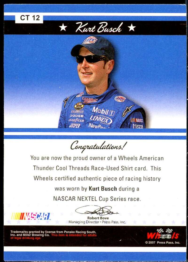 Kurt Busch Card 2007 Wheels American Thunder Cool Threads #CT12  Image 2