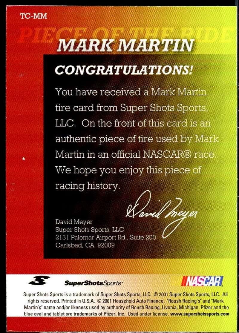 Piece Of The Ride Mark Martin Card 2001 Super Shots Sports #TC-MM  Image 2