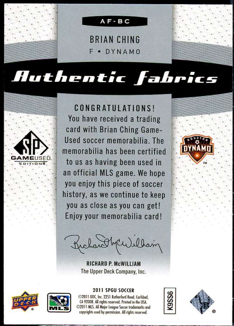 Brian Ching Card 2011 SP Game Used Authentic Fabrics #BC  Image 2