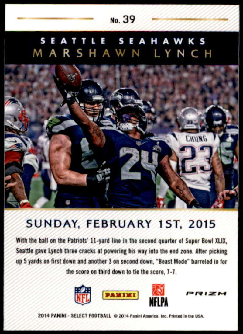 Marshawn Lynch Card 2014 Select Super Bowl Blue Mojo #39 Image 2