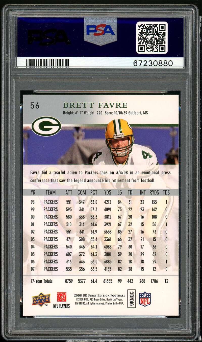 Brett Favre Card 2008 UD First Edition #56 PSA 10 Image 2