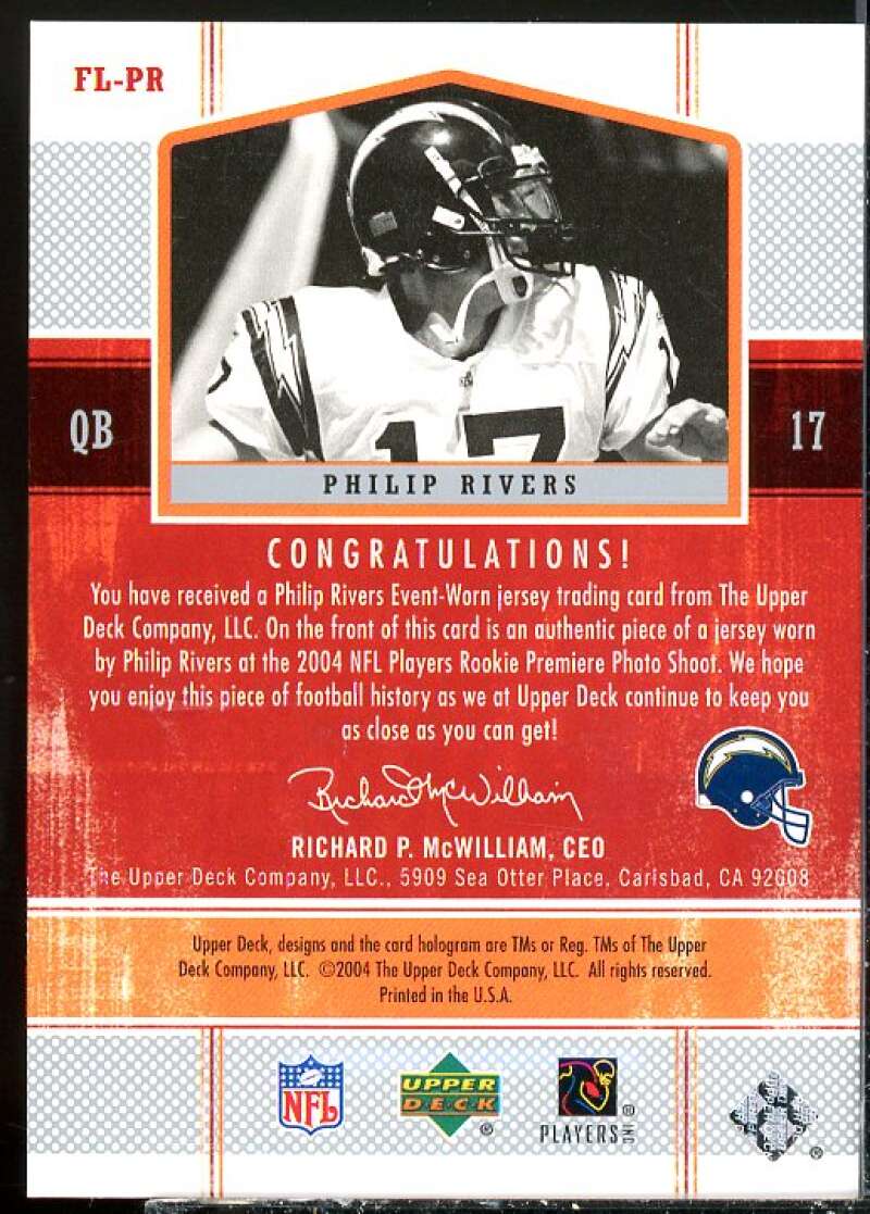 Philip Rivers Rookie Card 2004 Upper Deck Legends Future Legends Jersey #FLPR  Image 2