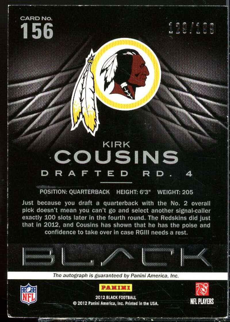 Kirk Cousins Rookie Card 2012 Panini Black Rookie Signatures #156  Image 2