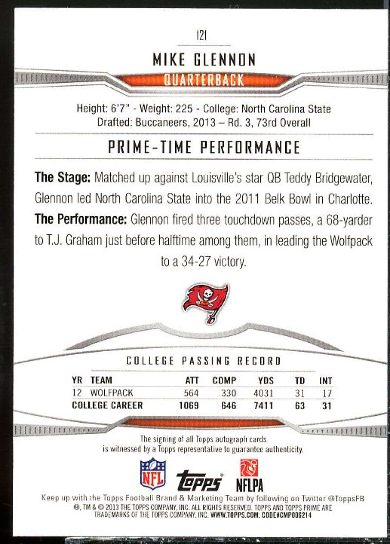 Mike Glennon Rookie Card 2013 Topps Prime Autographs Copper Rainbow #121  Image 2