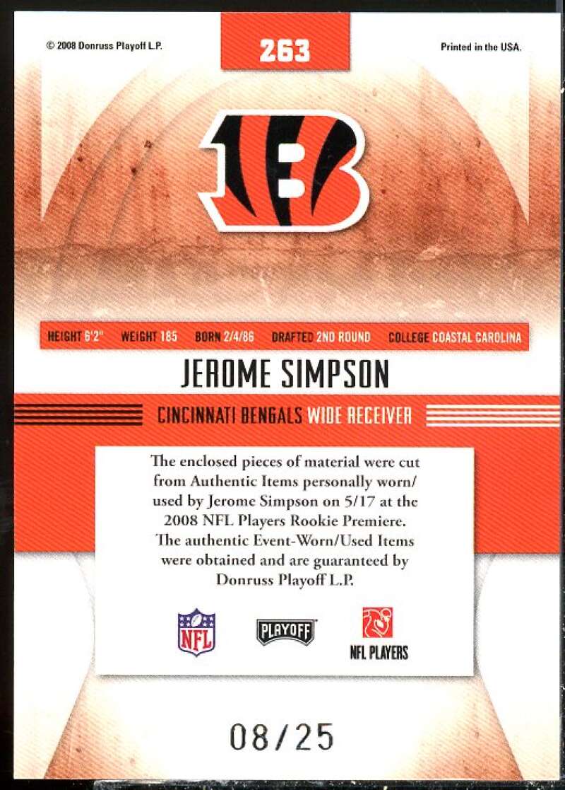 Jerome Simpson 2008 Absolute Rookie Premiere Materials AFC Spectrum Prime #263  Image 2