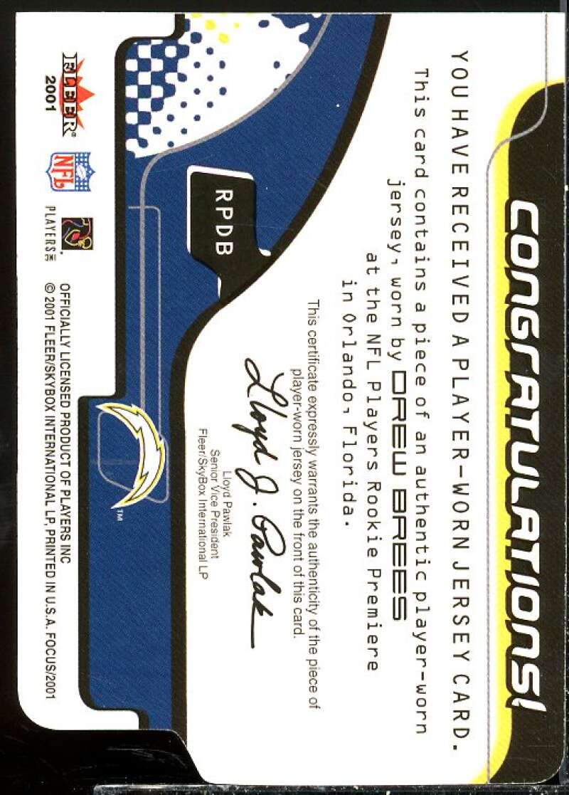 Drew Brees Card 2001 Fleer Focus Rookie Premiere Jersey #RPDB  Image 2