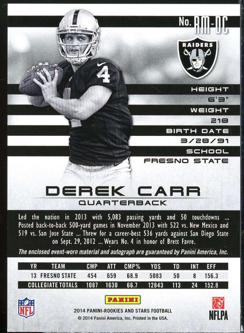 Derek Carr Rookie Card 2014 Rookies Stars Rookie Materials #RMDC  Image 2
