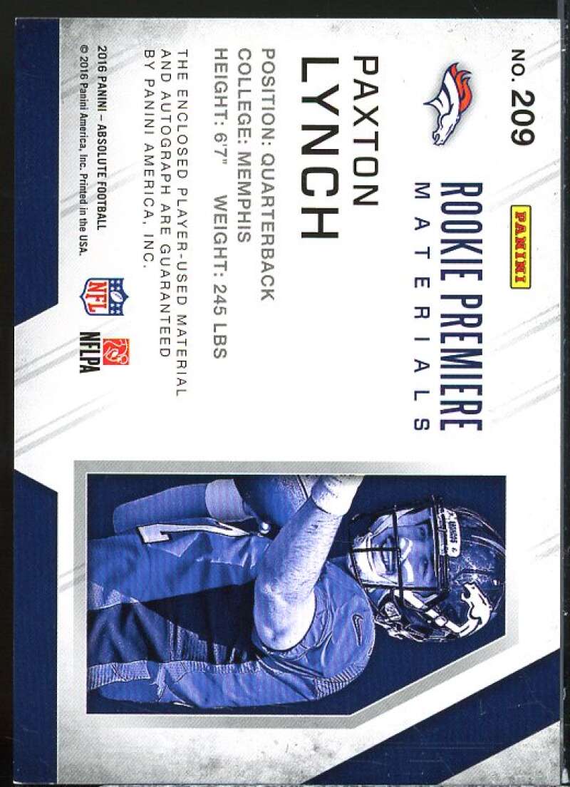 Paxton Lynch JSY AU/199 Rookie Card 2016 Absolute #209  Image 2