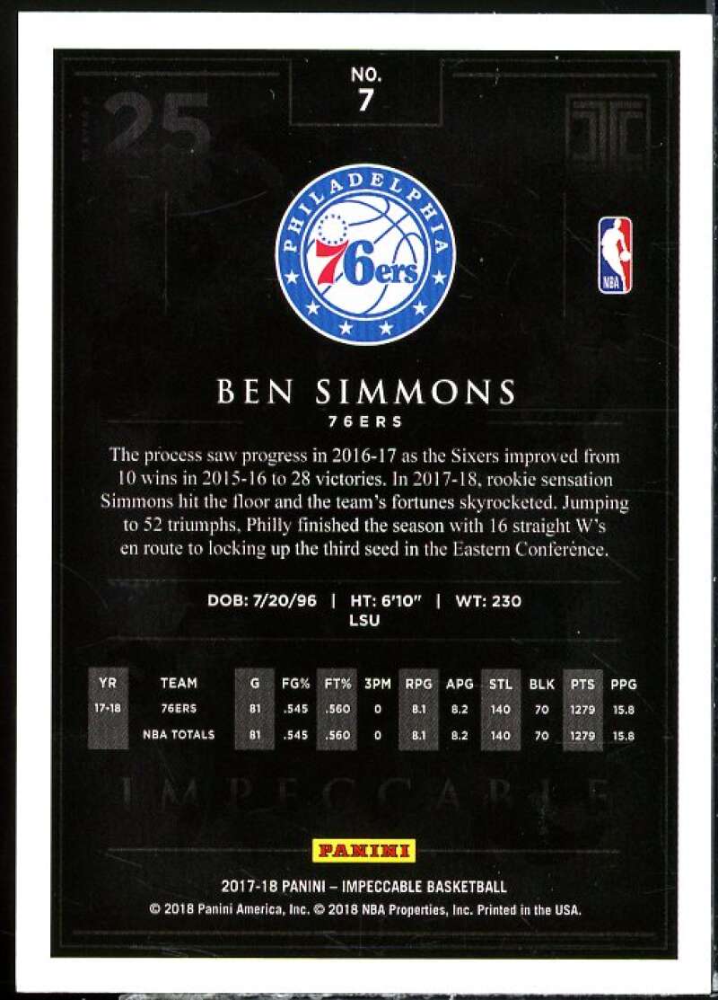 Ben Simmons Card 2017-18 Panini Impeccable Holo Silver #7  Image 2