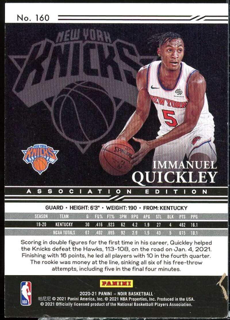 Immanuel Quickley Rookie Card 2020-21 Panini Noir #160  Image 2