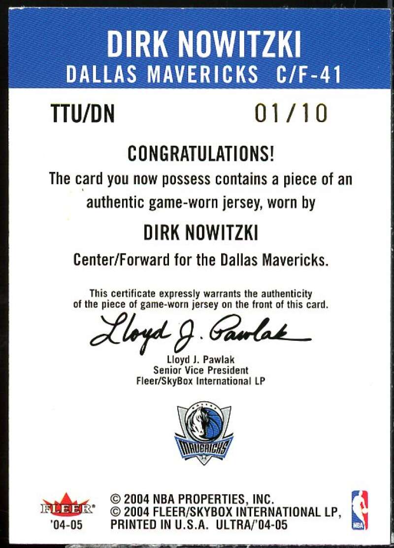 Dirk Nowitzki Card 2004-05 Ultra Ten for Ten Game Used Ultra Swatch #DN  Image 2